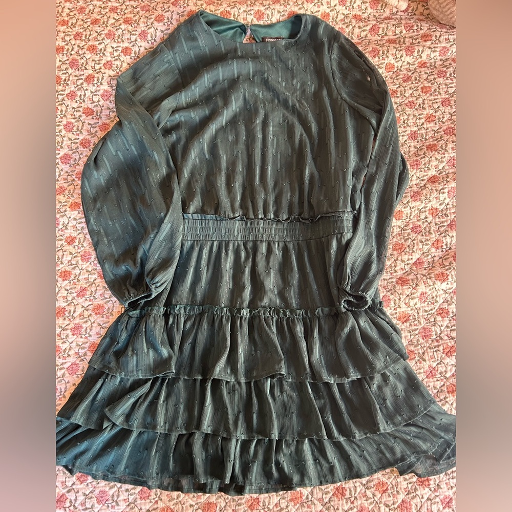 Express Dark Green Shimmery Ruffle Dress